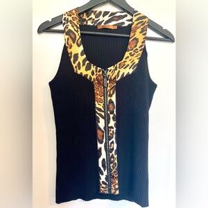 Belldini Black Ribbed Tank Top with Leopard Accent